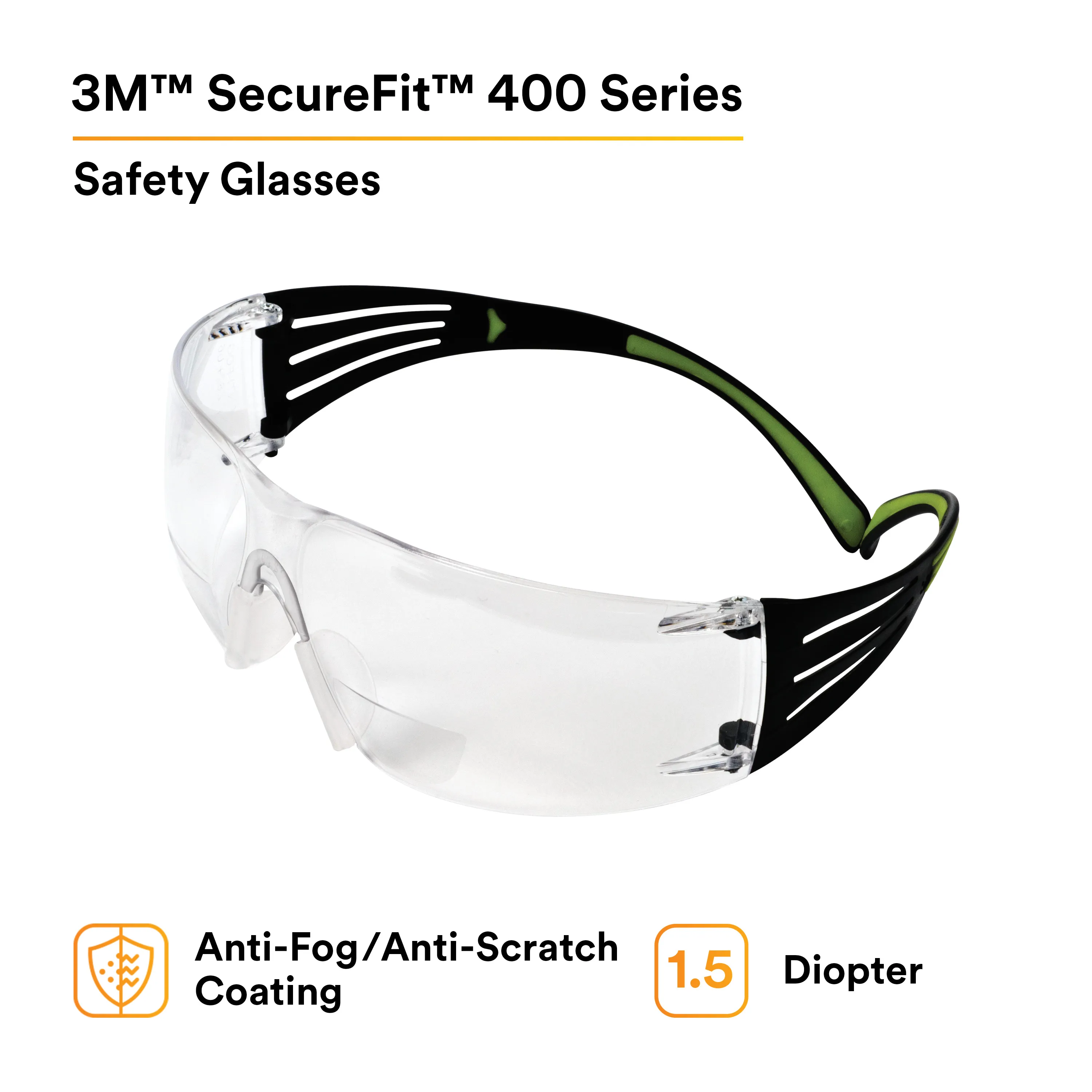 3M SecureFit Bifocal Safety Glasses with Black/Lime Temples and Clear Anti-Fog Lens