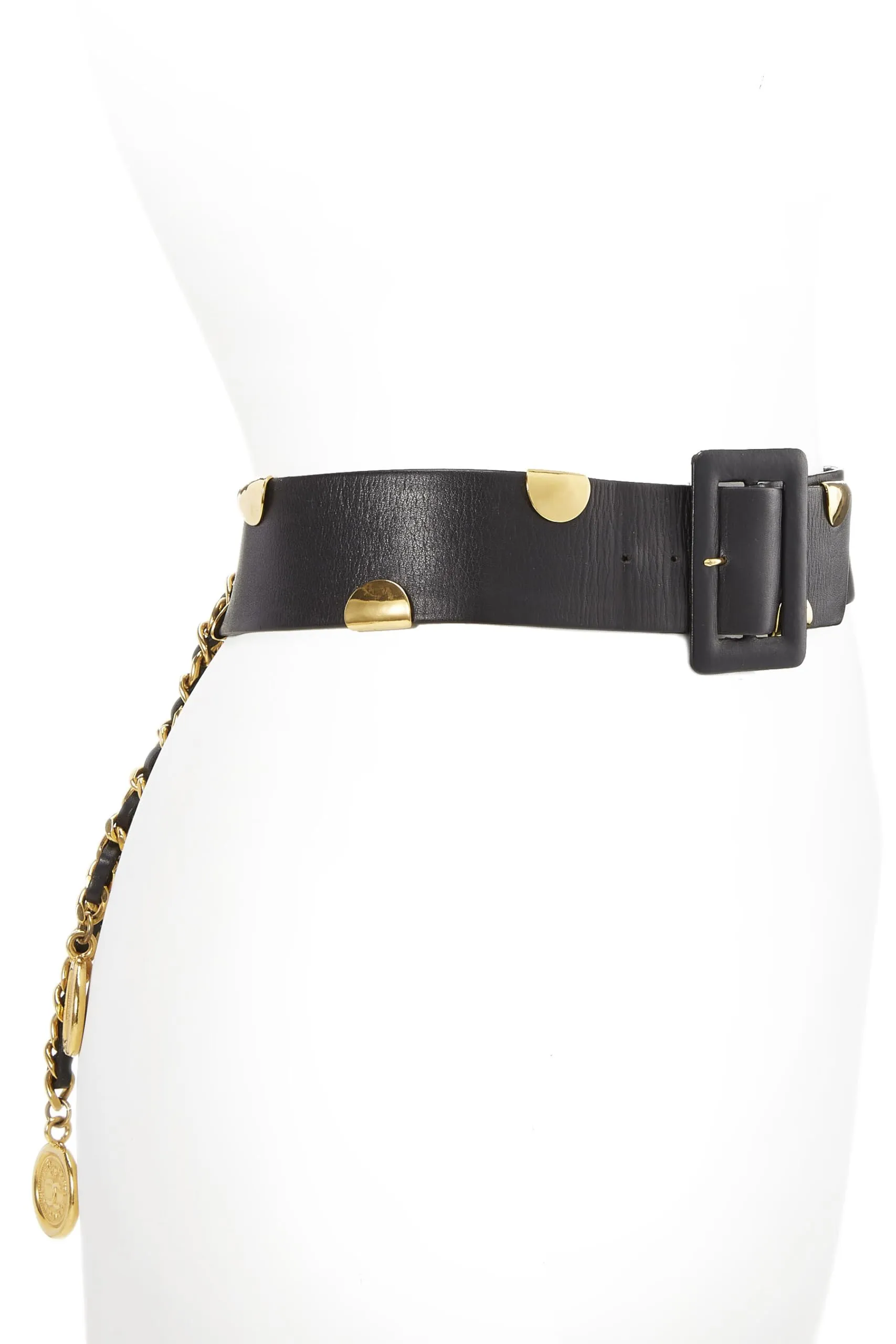 Chanel,  Black Leather & Chain Waist Belt 70, Black