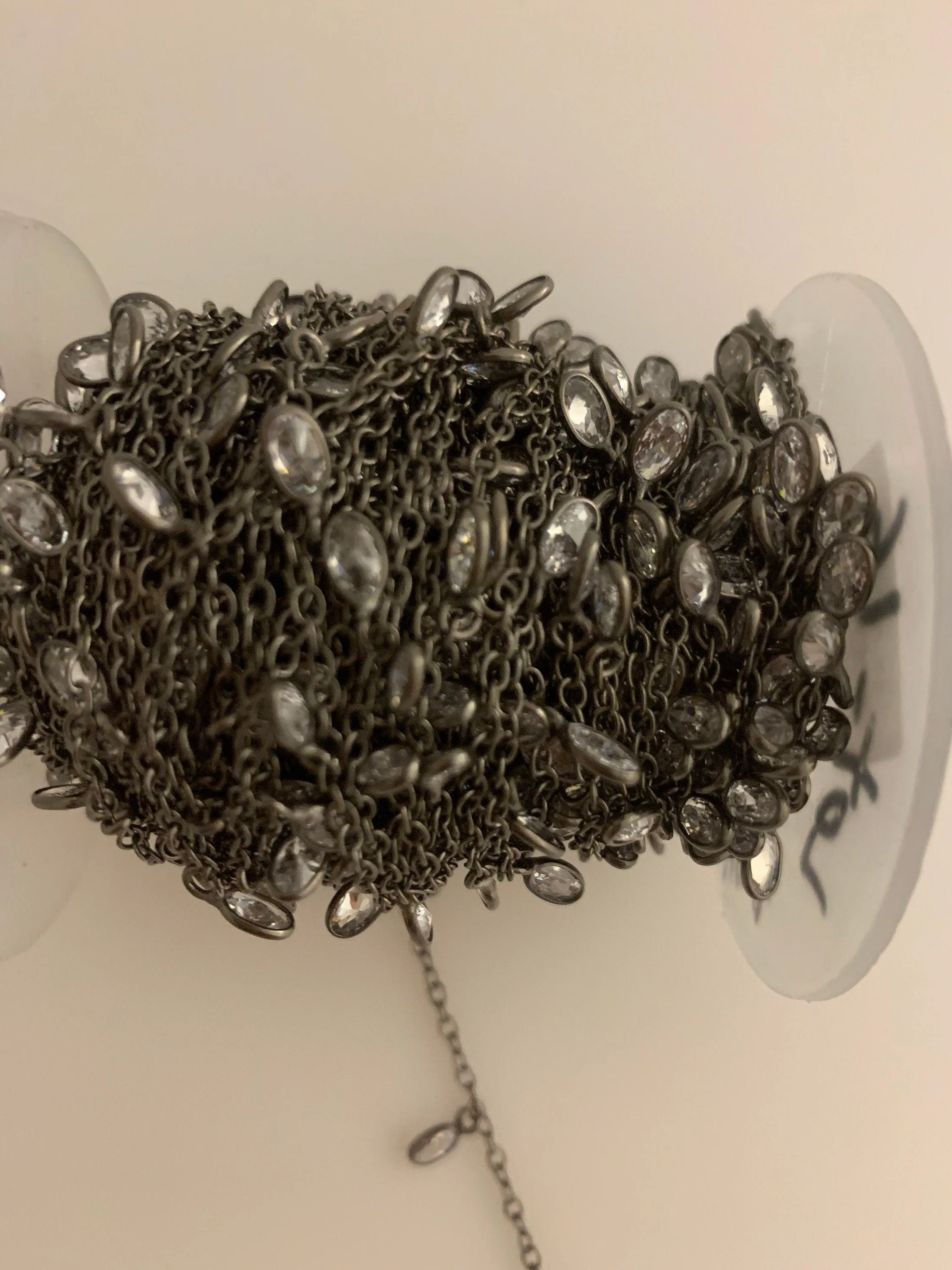 CZ Chain, gunmetal Chain, Gunmetal Plated Copper Chain, Oval Shape dangling CZ Chain 5X6mm Cubic Zirconia Oval Shape, 1 Foot.