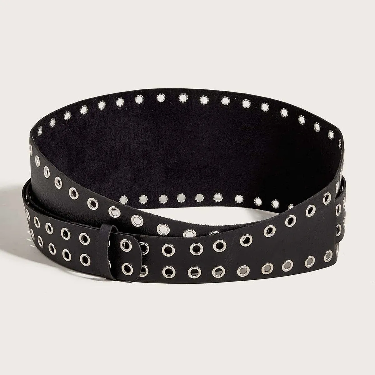 Faux Leather & Grommet Wrap Belt in Black