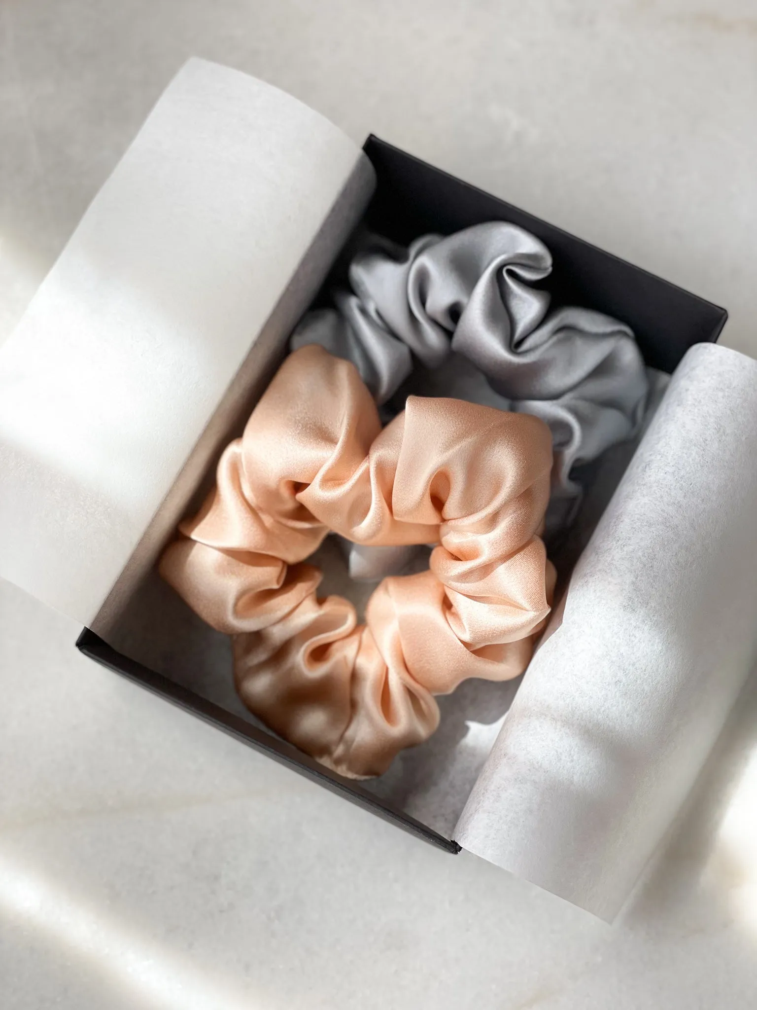 Set of 2 L size natural silk scrunchies - cappuccino beige & misty blue