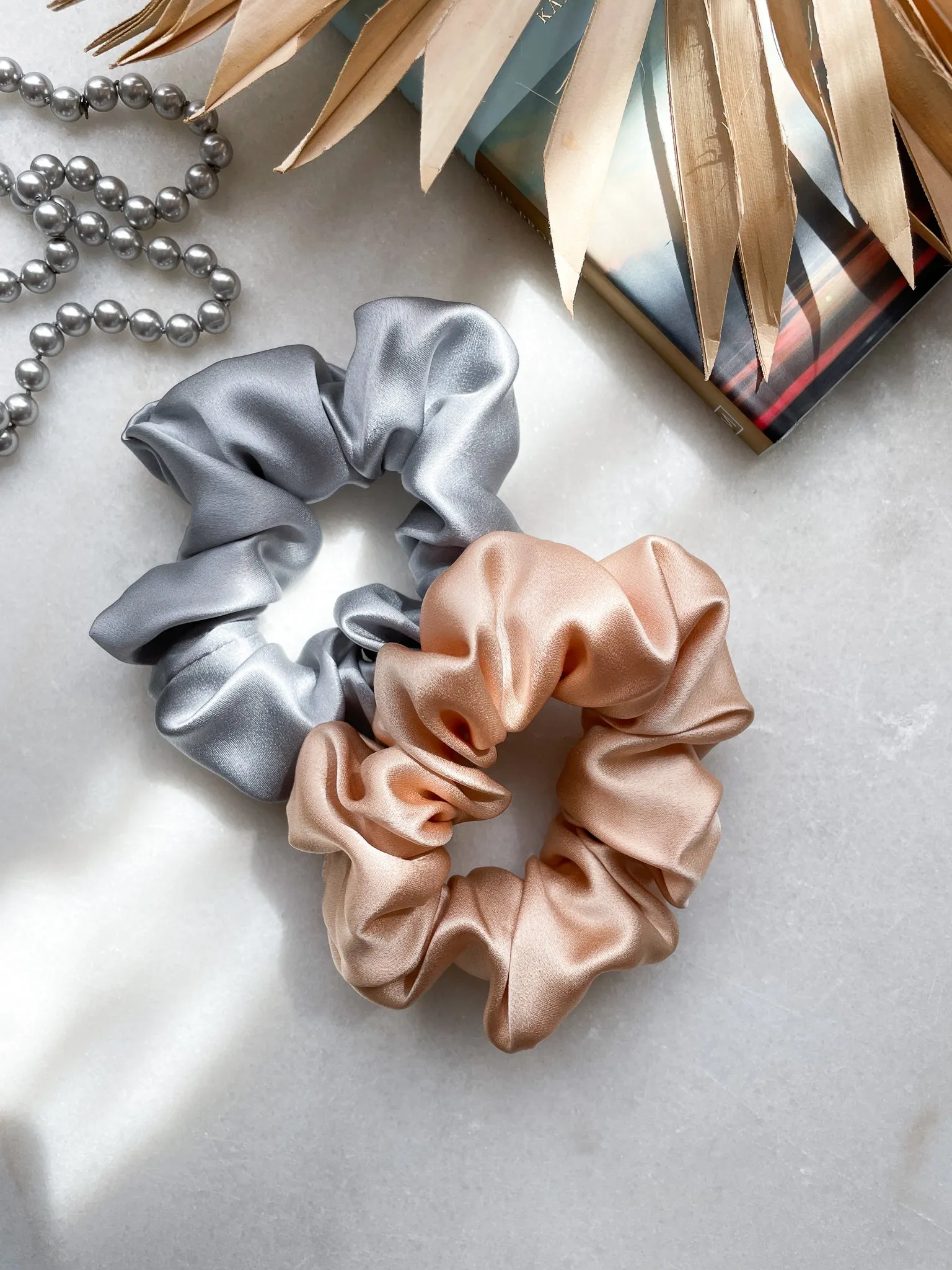 Set of 2 L size natural silk scrunchies - cappuccino beige & misty blue