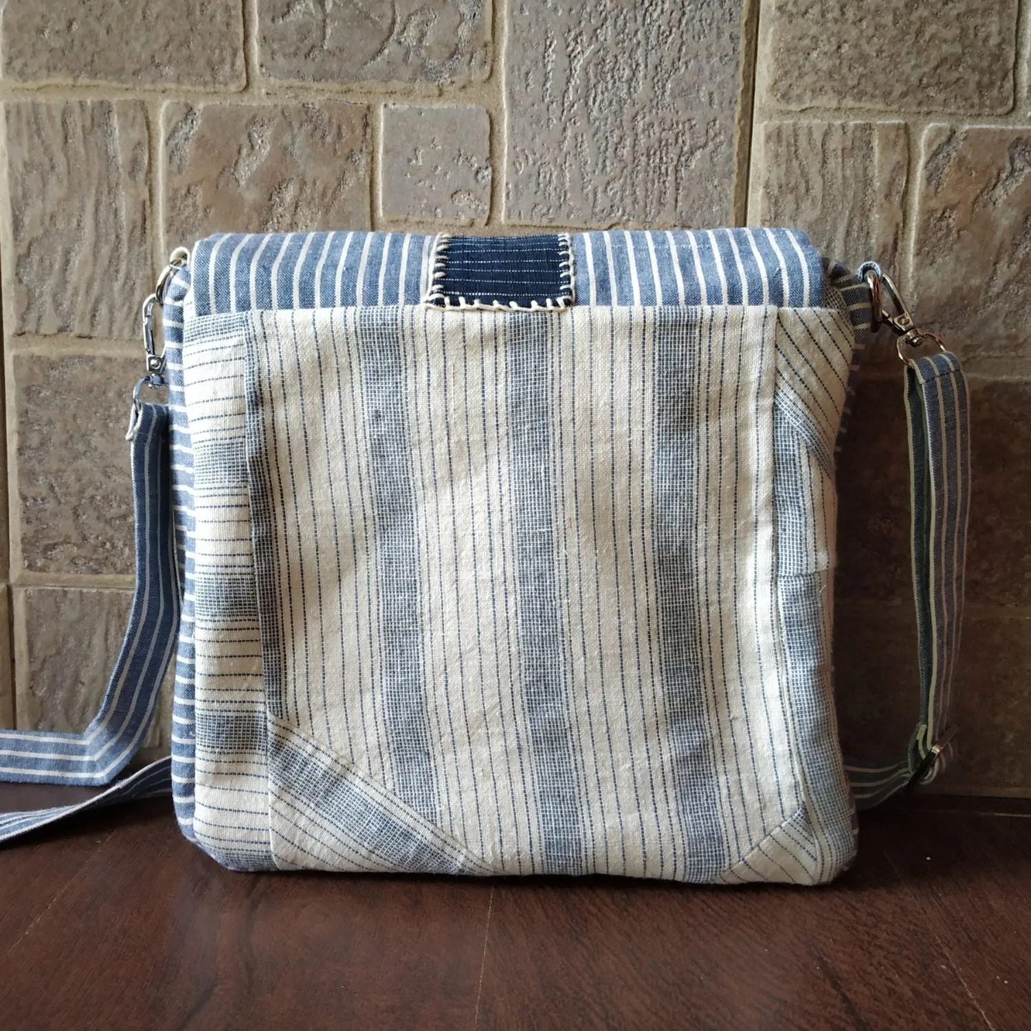White & Ice Blue Kala Cotton Messenger Bag | Hand Crafted | Timeless Elegance
