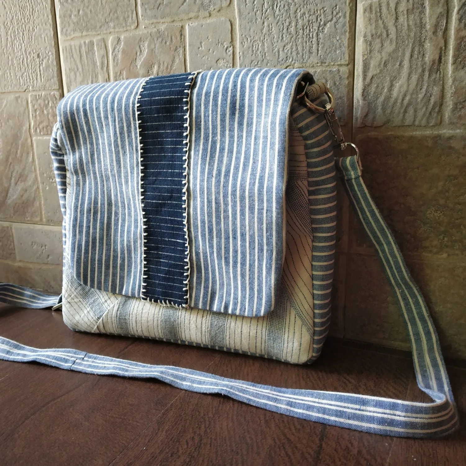 White & Ice Blue Kala Cotton Messenger Bag | Hand Crafted | Timeless Elegance
