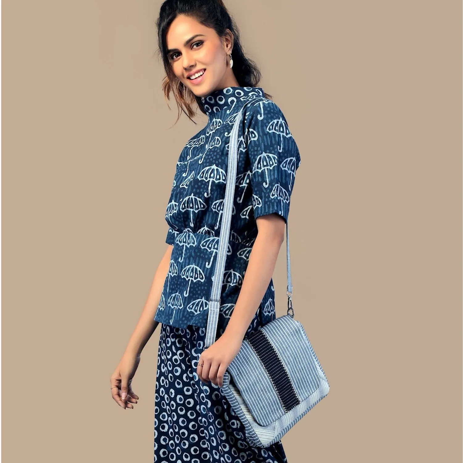 White & Ice Blue Kala Cotton Messenger Bag | Hand Crafted | Timeless Elegance