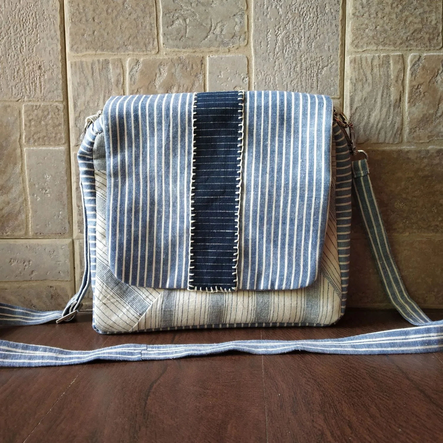 White & Ice Blue Kala Cotton Messenger Bag | Hand Crafted | Timeless Elegance