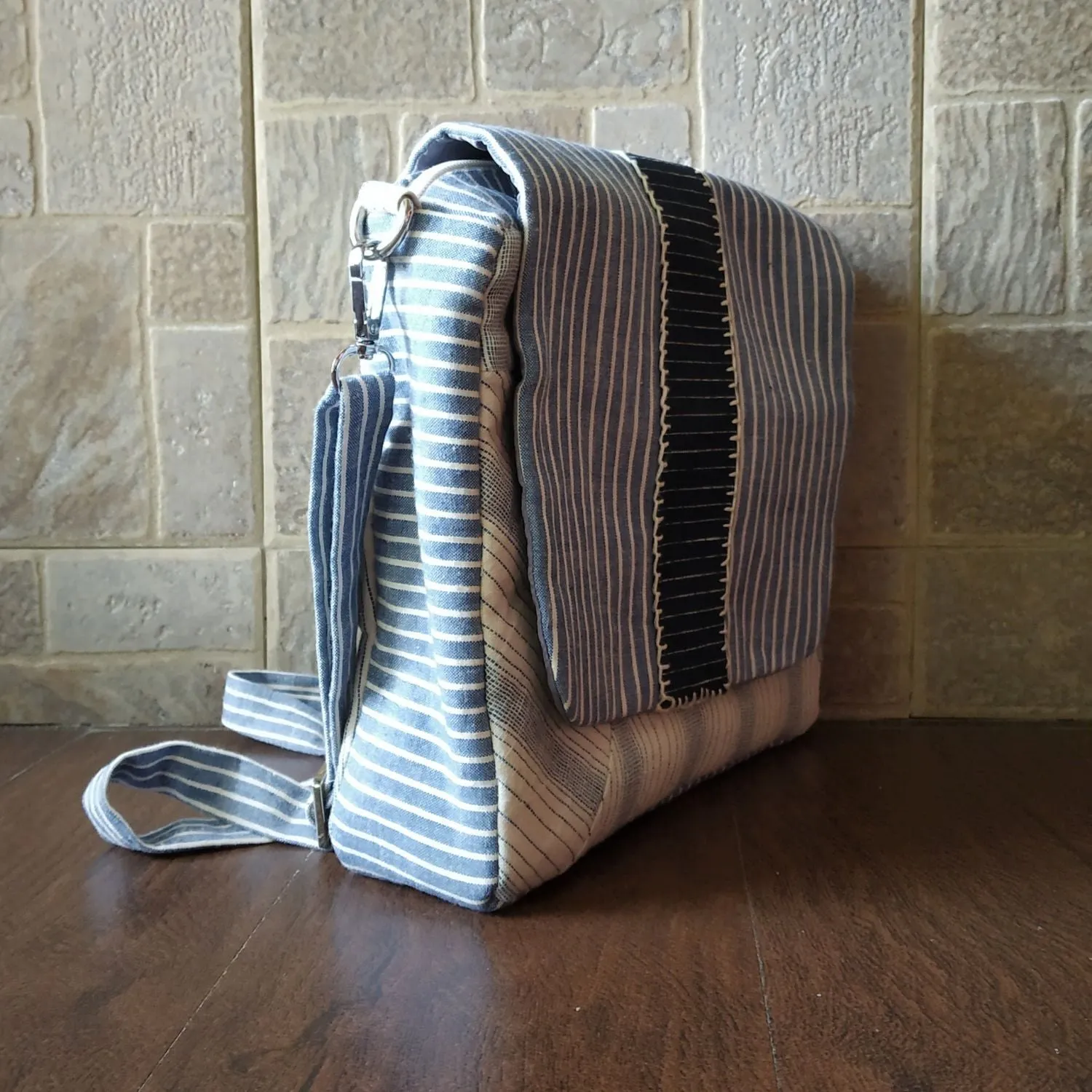 White & Ice Blue Kala Cotton Messenger Bag | Hand Crafted | Timeless Elegance