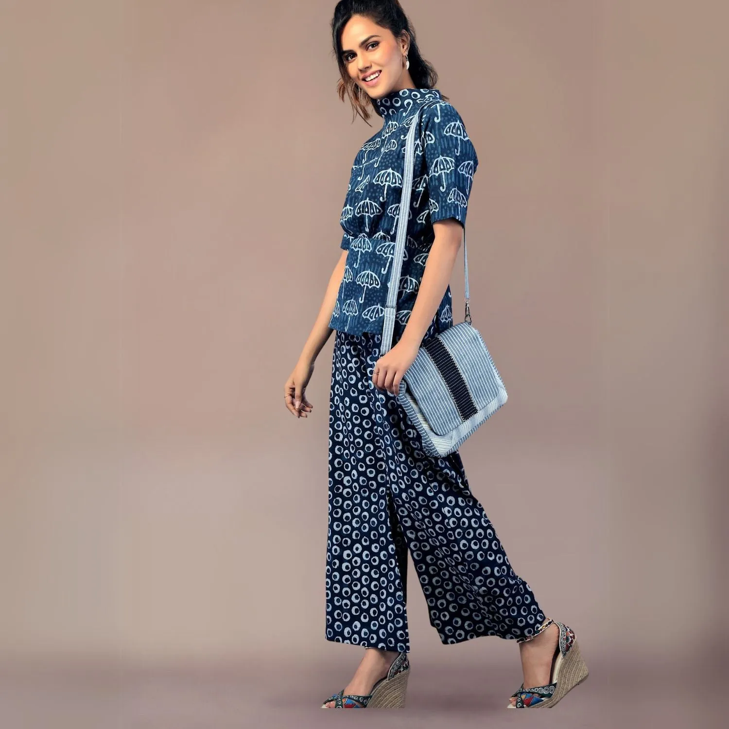 White & Ice Blue Kala Cotton Messenger Bag | Hand Crafted | Timeless Elegance